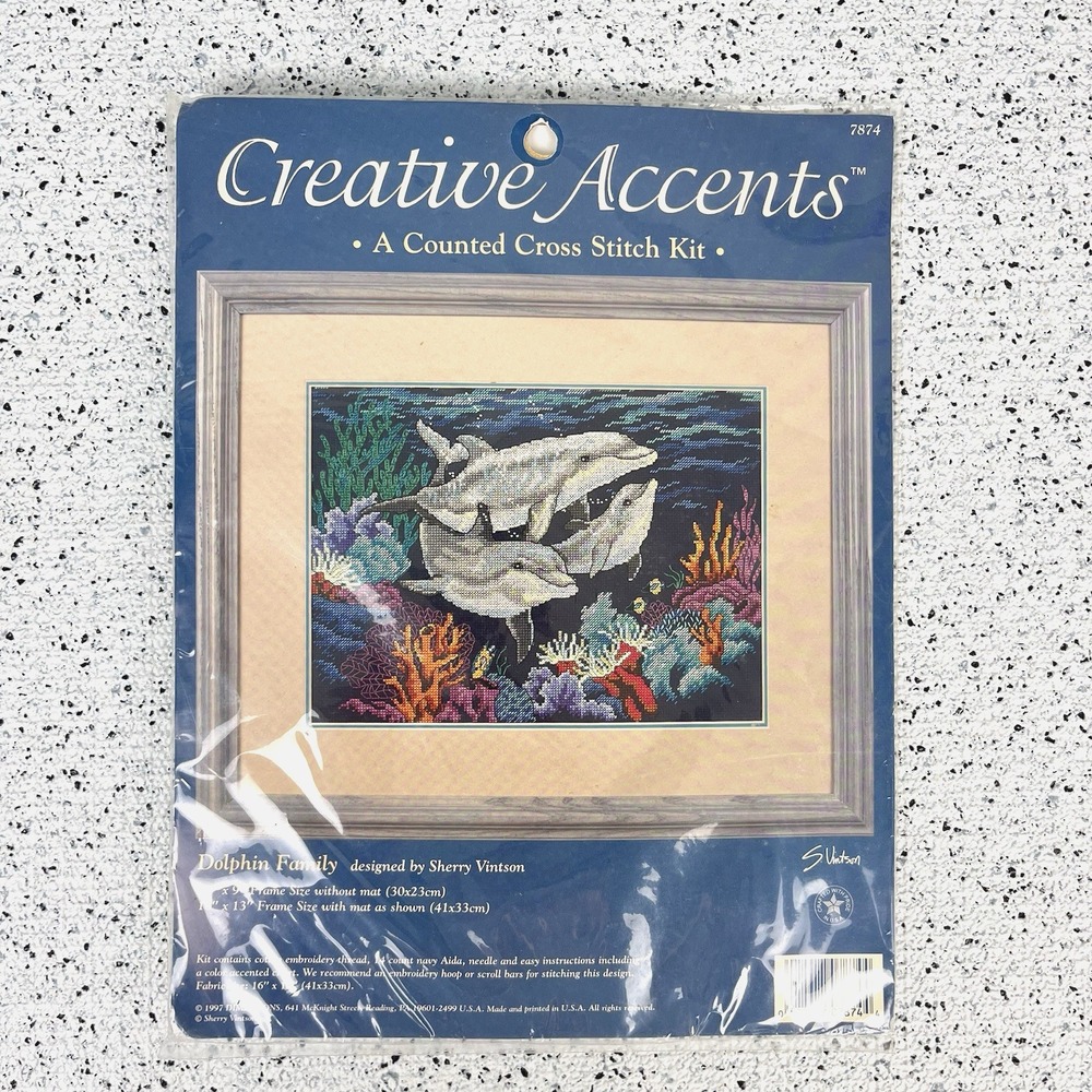 Creative Accents Counted Cross Stitch Kit Dolphin Family S. Vintson Vintage 90s